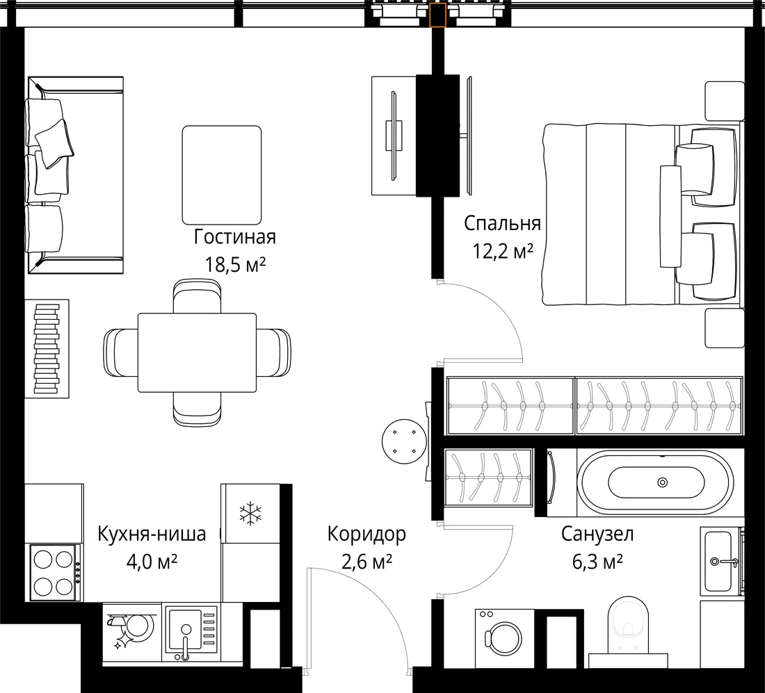 Планировка: Однокомнатная квартира 44 м² в «SLAVA»