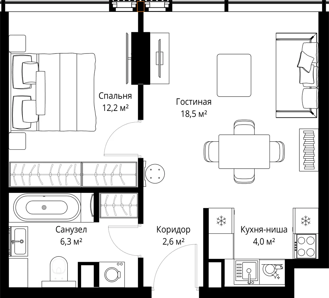 Планировка: Однокомнатная квартира 44 м² в «SLAVA»