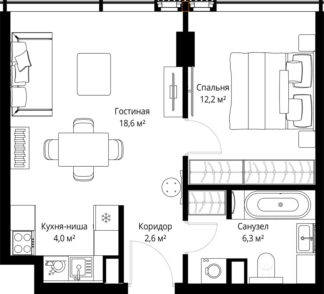 Планировка: Однокомнатная квартира 44 м² в «SLAVA»