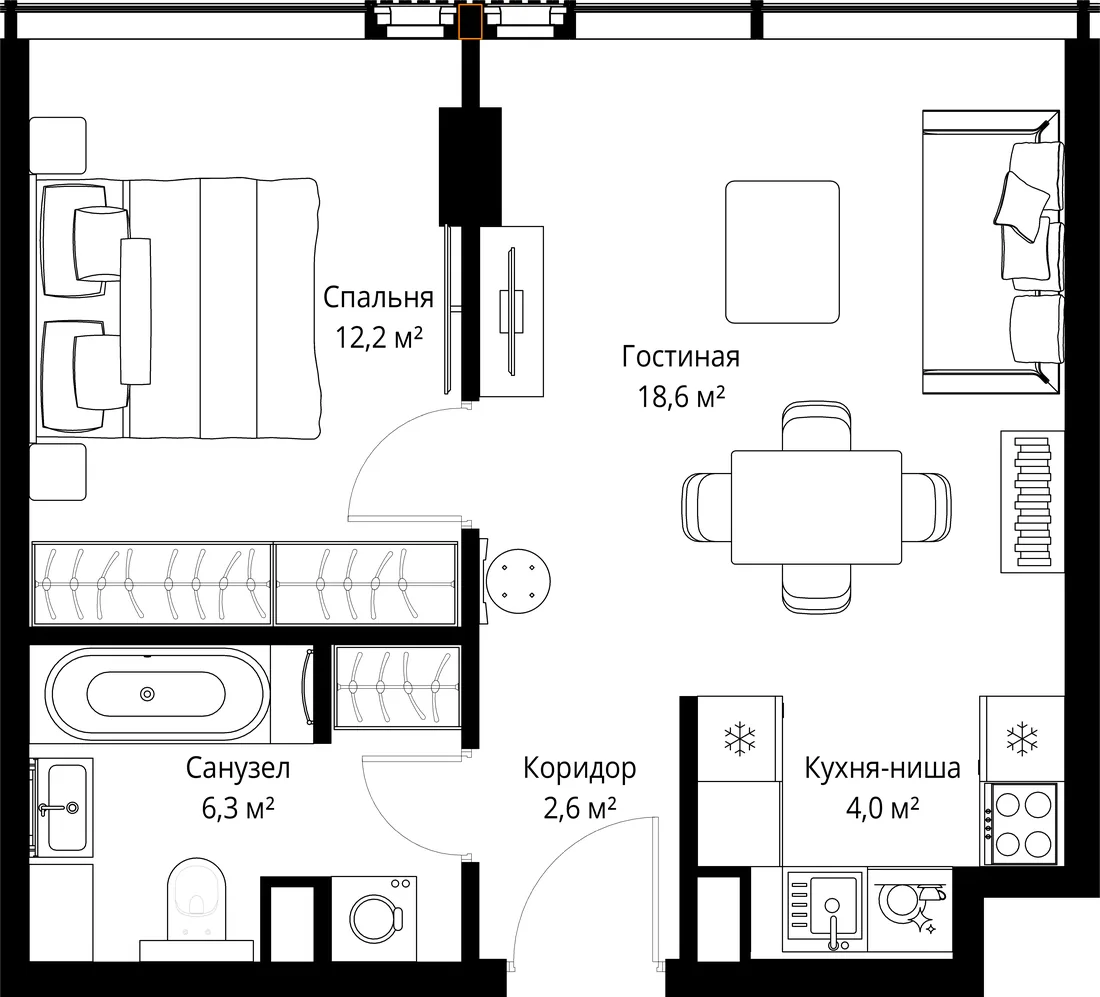 Планировка: Однокомнатная квартира 44 м² в «SLAVA»