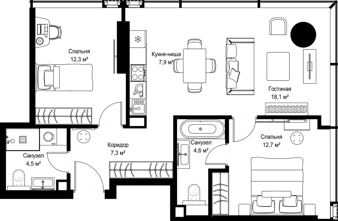 Планировка: Двухкомнатная квартира 67 м² в «SLAVA»