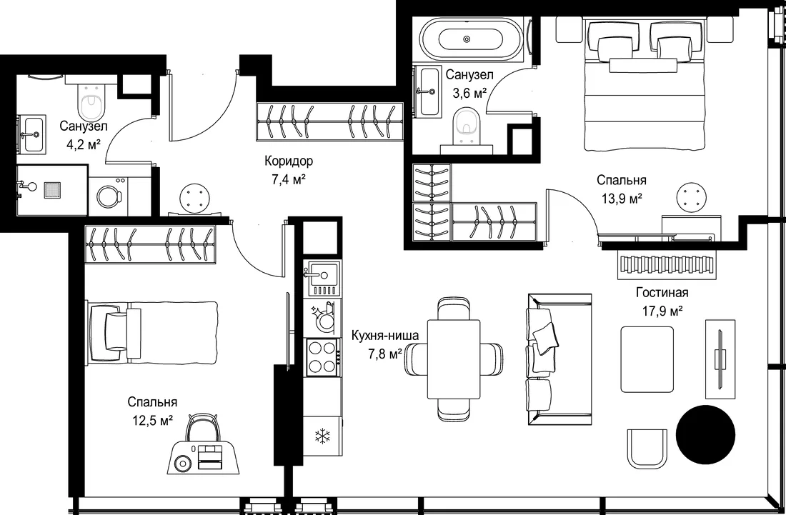 Планировка: Двухкомнатная квартира 67 м² в «SLAVA»