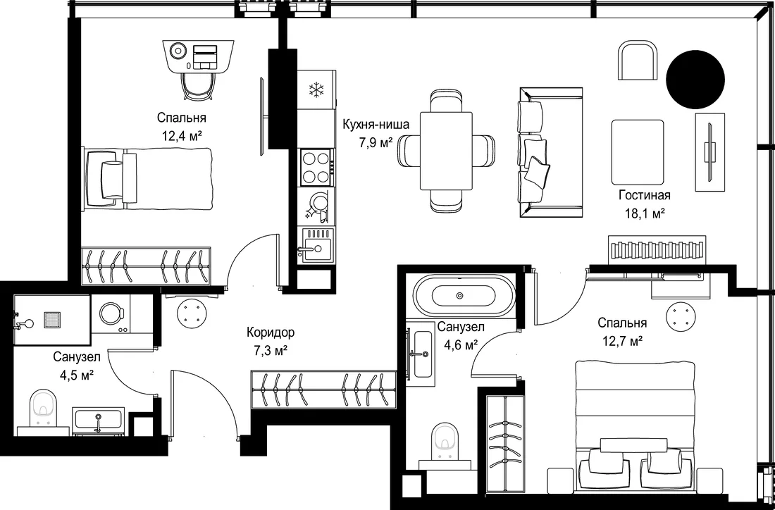 Планировка: Двухкомнатная квартира 68 м² в «SLAVA»