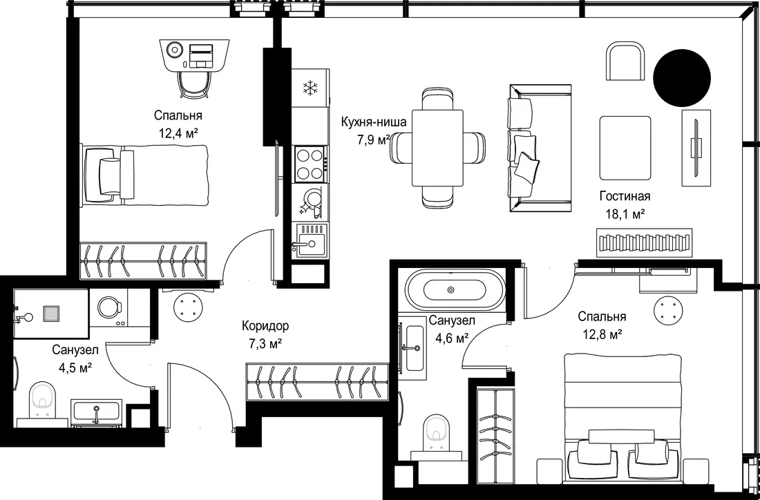 Планировка: Двухкомнатная квартира 68 м² в «SLAVA»
