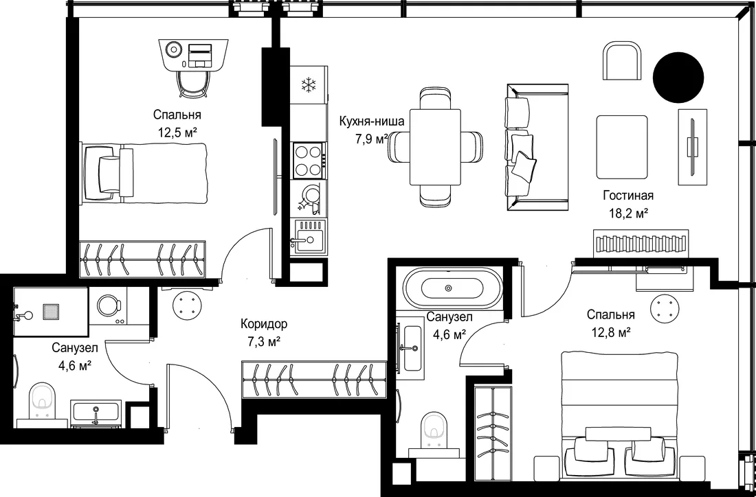 Планировка: Двухкомнатная квартира 68 м² в «SLAVA»