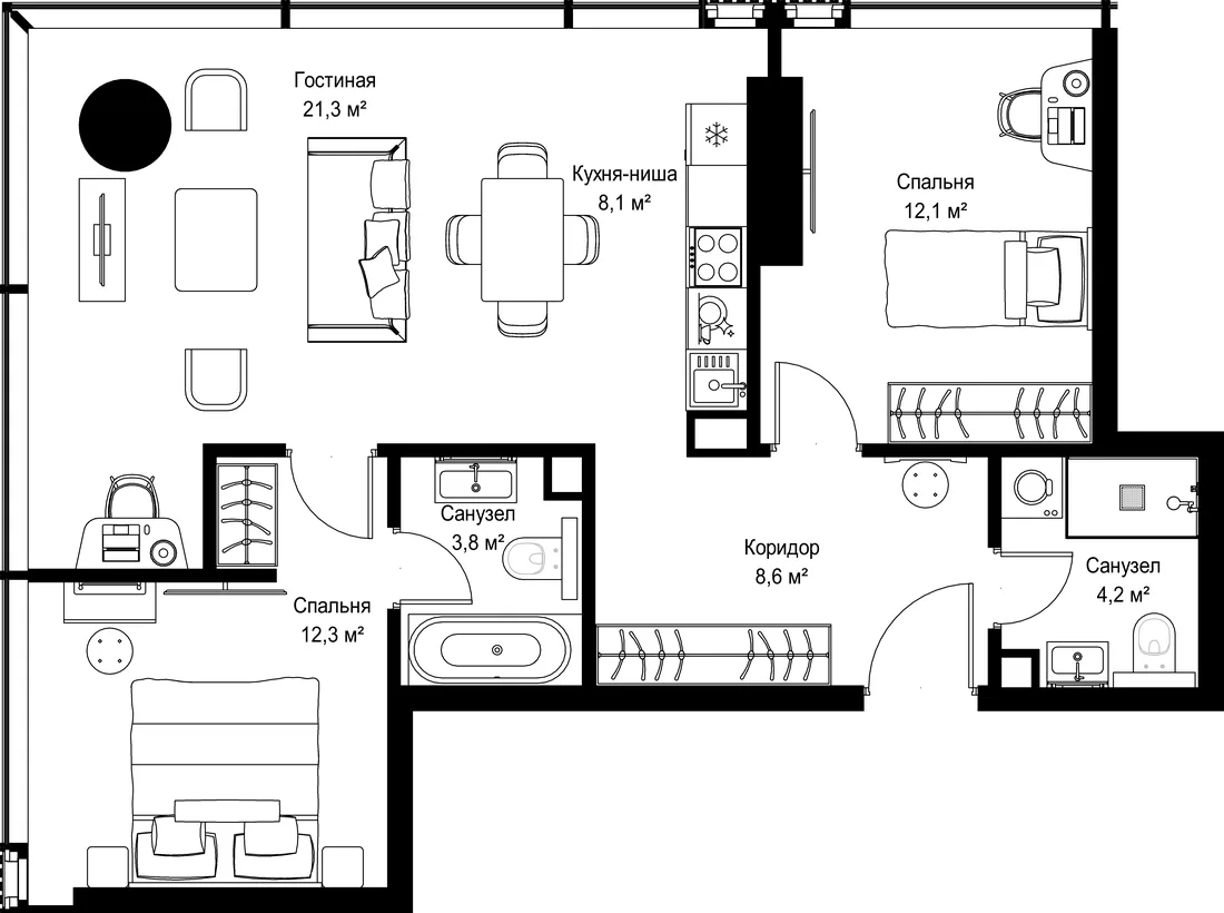 Планировка: Двухкомнатная квартира 70 м² в «SLAVA»