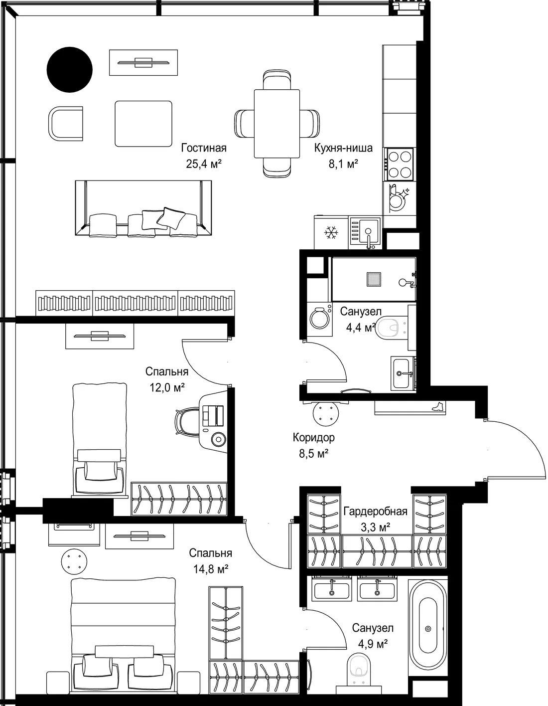 Планировка: Двухкомнатная квартира 81 м² в «SLAVA»