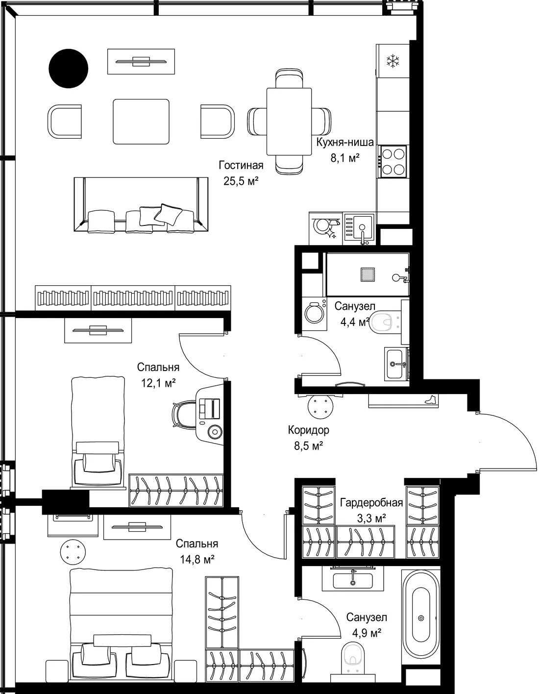 Планировка: Двухкомнатная квартира 82 м² в «SLAVA»