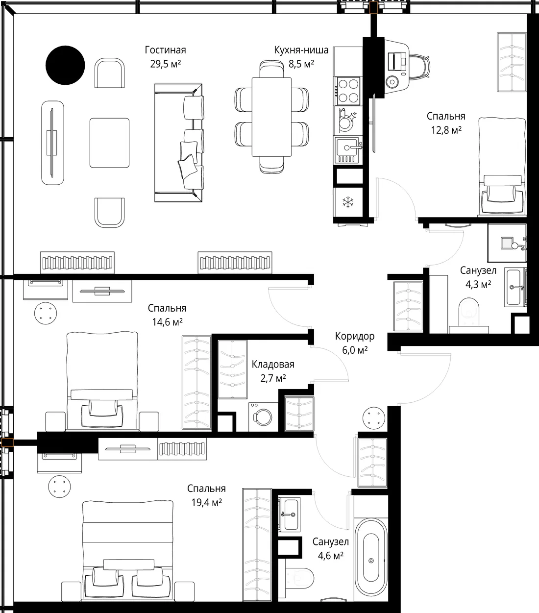 Планировка: Трёхкомнатная квартира 102 м² в «SLAVA»