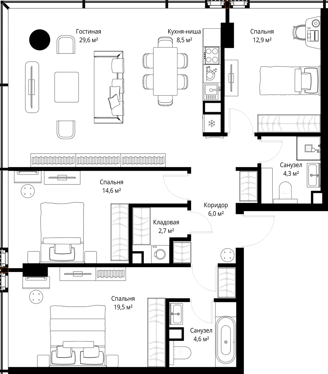 Планировка: Трёхкомнатная квартира 103 м² в «SLAVA»