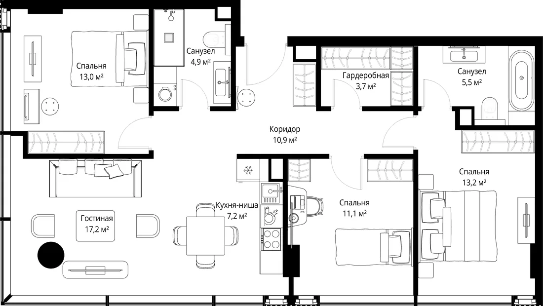 Планировка: Трёхкомнатная квартира 87 м² в «SLAVA»