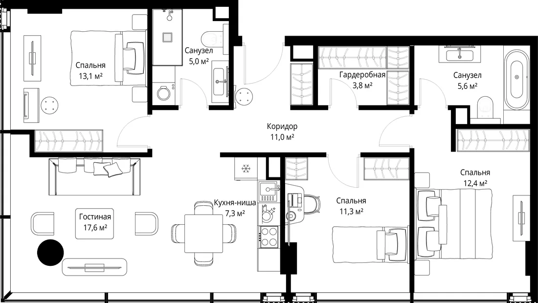 Планировка: Трёхкомнатная квартира 88 м² в «SLAVA»