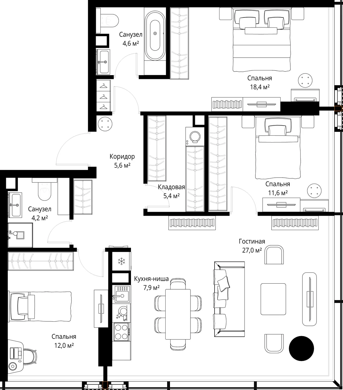 Планировка: Трёхкомнатная квартира 97 м² в «SLAVA»