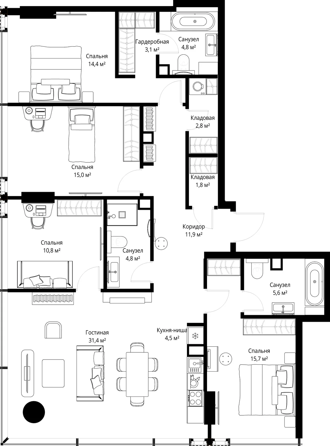 Планировка: Четырёхкомнатная квартира 127 м² в «SLAVA»