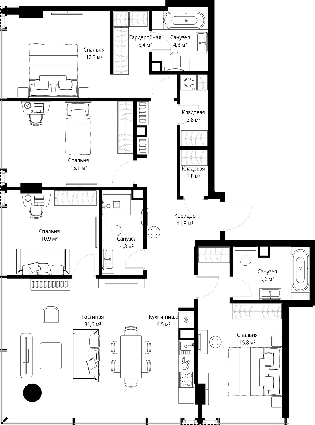 Планировка: Четырёхкомнатная квартира 127 м² в «SLAVA»